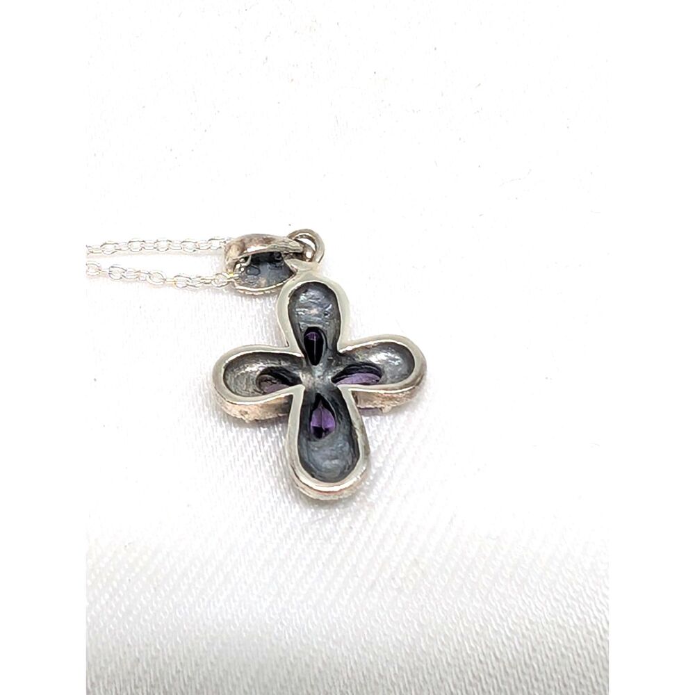Vintage Sterling Silver Marcasite & Amethyst Cross Pendant Necklace - Picture 4 of 6
